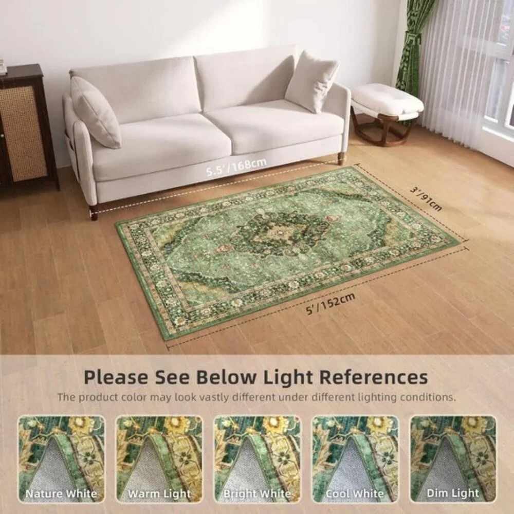 New 3x5 Green Area Rug, Washable Low-Pile Non-Slip Carpet for Home & Room